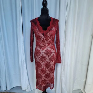 River Island Red Beige VNeck Lace Midi Dress UK 10 US 6 Long Sleeve Knee Length